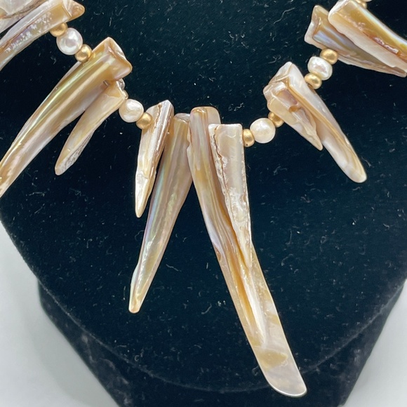 Statement Necklace Natural Shell Freshwater Pearl Czech Glass - Picture 5 of 16